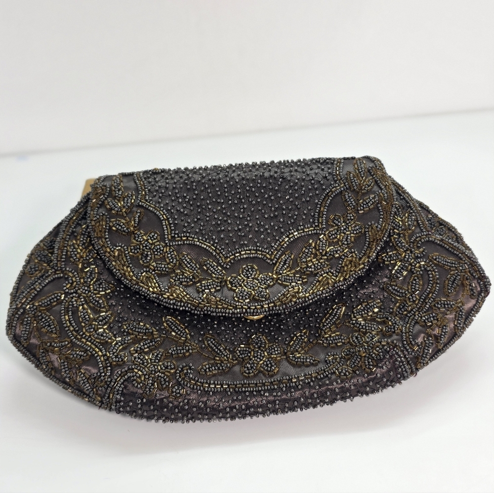 Vintage French Beaded Clutch Taupe Bronze Art Deco Evening Bag Micro Bead Floral - Picture 2 of 15